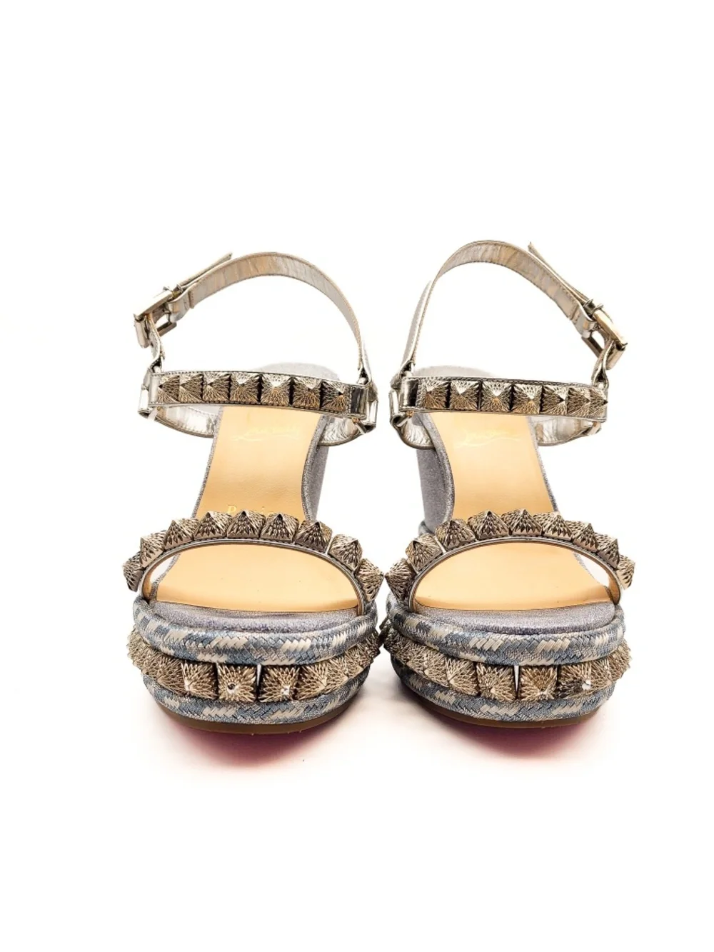 Christian Louboutin Silver Glitter Studded Espadrille Platform Sandals EU 37